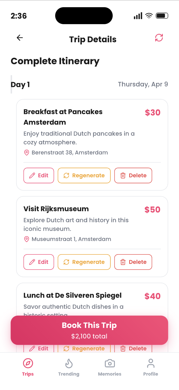 Itinerary screen
